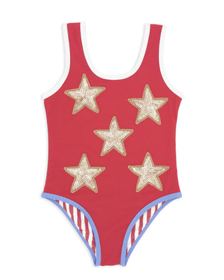 Feather 4 Arrow Wave Break One-Piece - True Red
Red swimsuit with gold star designs on a white background