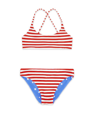 Feather 4 Arrow Waverly Reversible Bikini - True Red
Red, white, and blue striped bikini set on a white background