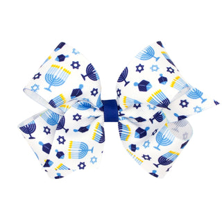 Medium Wee Ones Hanukkah Print Hair Bow on Clippie
Large decorative bow with Hanukkah-themed design on a white background