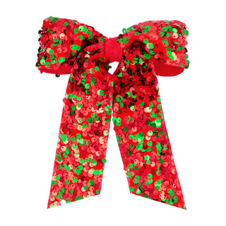 Wee Ones King Red and Green Velvet Sequin Two Loop Hair Bow with Tails
Red and green sequin bow on a white background