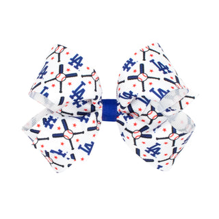 Wee Ones MLB hair bow on clip featuring Los Angeles Dodgers logo and team colors, perfect for young fans.