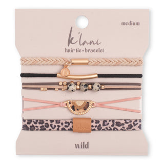 K'lani "Wild" Animal Print with Pink Accent Hair Tie Bracelets
A set of five K'lani hair tie and bracelet elastic bands on a beige display card. The set includes a beige braided band, a black band with a gold bar and charm, thin brown bands with black-and-white speckled beads, a pink band with a gold crescent charm, and a leopard print band with a tan leather accent.