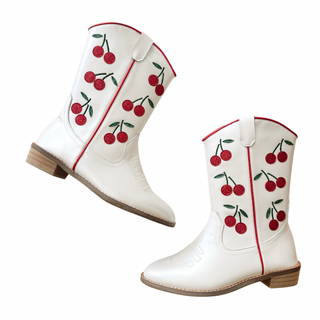 Wild & Rae Cowgirl Boots - Wild Cherry
White boots with red cherry design on a white background
