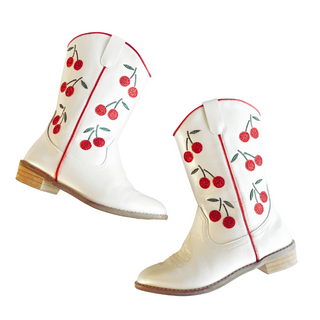 Wild & Rae Cowgirl Boots - Wild Cherry
White boots with red cherry design on a white background