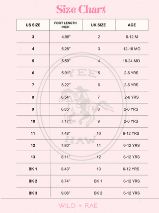 Wild & Rae Cowgirl Boots Size Chart
Size chart for shoes with foot length, inch measurements, UK size, and age range on a pink background.