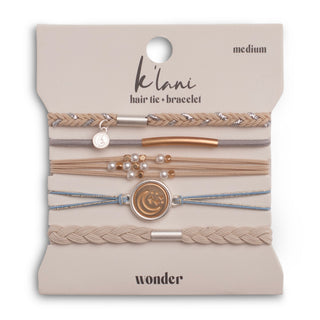 K'lani "Wonder" Soft Creams and Blues with Pearls and Gold Hair Tie Bracelets
Set of hair ties and bracelets on a 'klani' branded card with 'medium' and 'wonder' text.