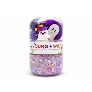 Young Wild and Friedman Grab & Go Dough Jar - Ghost
Decorative jar with ghost and witch hat characters on a white background