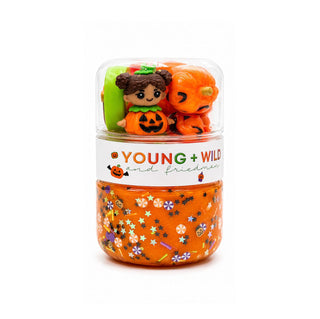Young Wild and Friedman Grab & Go Dough Jar - Jack-O-Lantern
An orange Halloween-themed slime jar with a clear lid, decorated with small autumn and floral stickers. Inside the lid, a small pumpkin-shaped figure with a cartoon face is visible.