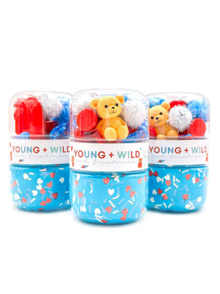 Young Wild and Friedman Grab & Go Dough Jar in red and blue Valentine slime, portable fun for kids and sensory play.