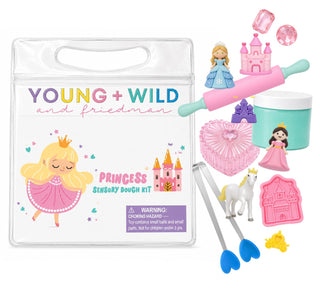 Young Wild and Friedman Sensory Dough Bag - Princess
Princess Sensory Dough Kit by Young + Wild, shown with its clear plastic carrying case and multiple included craft/dough tools and accessories on a white background.