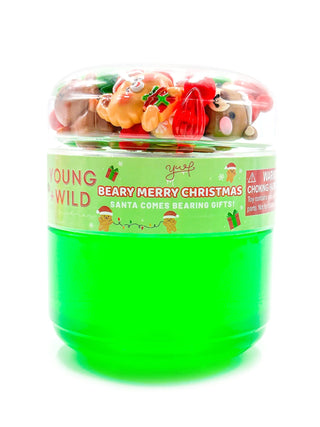 Young Wild and Friedman Slime - Beary Merry Christmas
Green container with Christmas-themed gummy bears on a white background