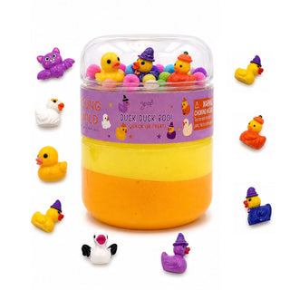Young Wild and Friedman Slime - Duck Duck Boo
Jar of colorful rubber duck toys with Halloween-themed hats on a white background