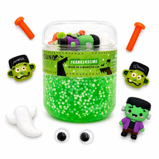 Young Wild and Friedman Slime - Frankenslime
Jar of green slime with frankenstein-themed toys and accessories on a white background
