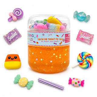 Young Wild and Friedman Slime - Trick or Treat yo Self
Jar of orange slime with Halloween-themed decorations and candy around it on a white background