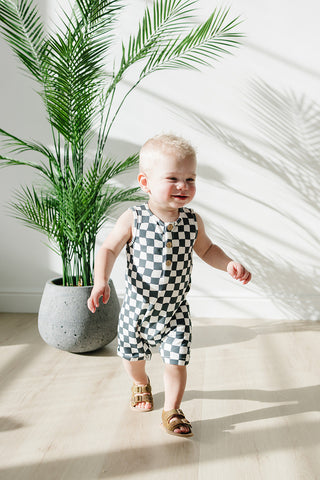 Mebie Baby Charcoal Wavy Checkered Short Romper