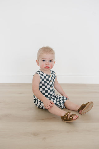 Mebie Baby Charcoal Wavy Checkered Short Romper