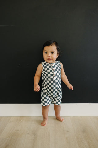 Mebie Baby Charcoal Wavy Checkered Short Romper