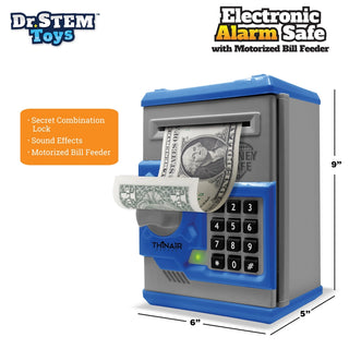 Dr. Stem Electronic Alarm Safe
Toy electronic alarm safe with money and keypad, branded as Dr. STEM Toys.