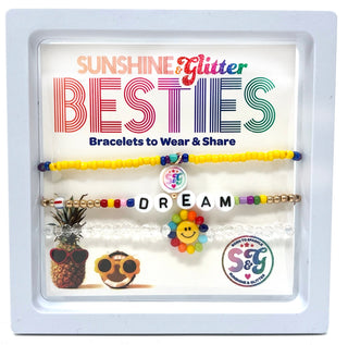 Sunshine & Glitter Besties Bracelet Set featuring colorful beaded and charm bracelets on a white background.