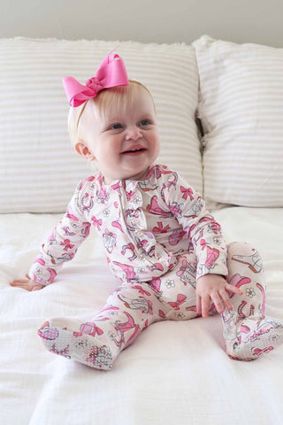 Caden Lane Ruffle Zipper Footie in Rodeo Dreams Pink featuring ruffles and zipper closure for adorable baby comfort.