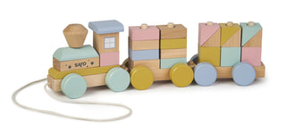 Kalencom Wooden Train
Pastel-colored wooden train toy with geometric block design on a white background