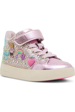 Steve Madden Toddler Delight High Top Sneaker - Pink
A pink high-top sneaker decorated with rhinestones, colorful cartoon patches, and a wide hook-and-loop strap closure, shown against a plain white background.