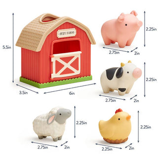 Itzy Ritzy Itzy Play Barn™
Set of farm animal toys with a red barn, including dimensions for each item.