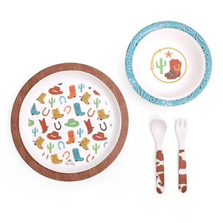 Itzy Ritzy Itzy Bistro™ Dining Set - Giddy Up
Children's dinnerware set with cowboy-themed plates, cutlery, and a small bowl on a white background.