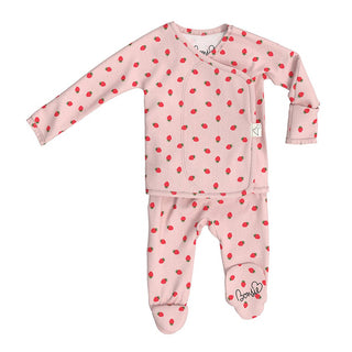 Bonsie Footie - Strawberries 
Pink baby outfit with red patterns on a white background
