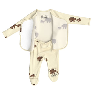 Bonsie Footie - Mama Bear
A baby footed sleeper set featuring a cream-colored fleece sleeper with brown and gray bear prints, a matching zippered cream sleeper vest, and a white plush insert, all displayed on a clean white background.