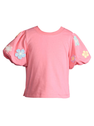Baby Sara Puff Sleeve Top w/ Flower Trim Detail
Pink top with floral sleeves on a white background
