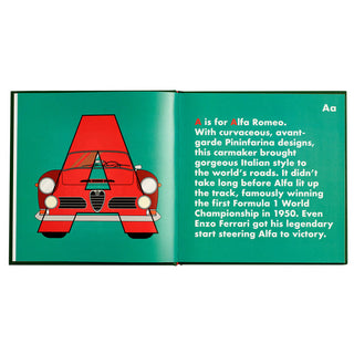 Car Legends Alphabet Hardcover Book
Open book with a red car illustration and text on a green background