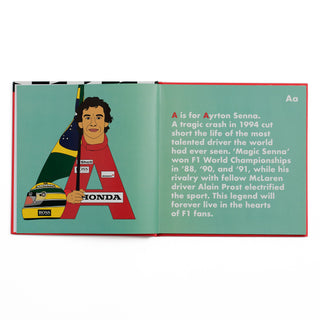 F1 Legends Alphabet Hardcover Book
Open book with illustration of Ayrton Senna and text on a white background