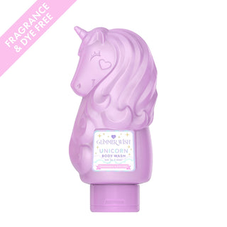 Glimmer Wish Unicorn Body Wash - Fragrance Free & Dye Free
A lavender purple body wash bottle shaped like a unicorn head, shown on a white background with a pink diagonal banner in the top-left corner that reads 'FRAGRANCE & DYE FREE'. The brand 'Glammer Wish' is visible on the front label.