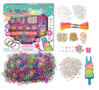 Rainbow Loom Braid & Bead KitRainbow Loom bracelet kit with colorful rubber bands, beads, and tools on a white background