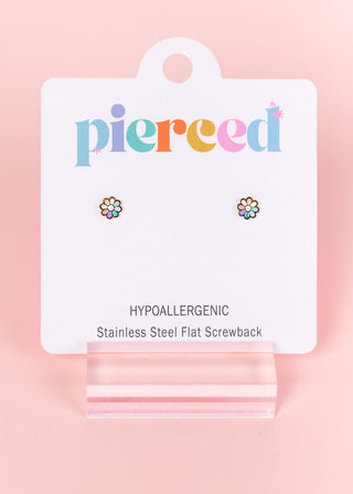 Pierced Co. Rainbow Tiny Daisy Earrings
Packaged earrings with 'pierceed' branding on a pink background