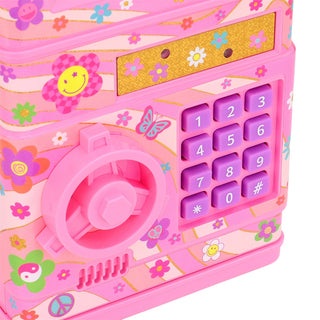 Hot Focus digital safe with groovy flower design, compact security safe for valuables with electronic keypad and colorful floral pattern.