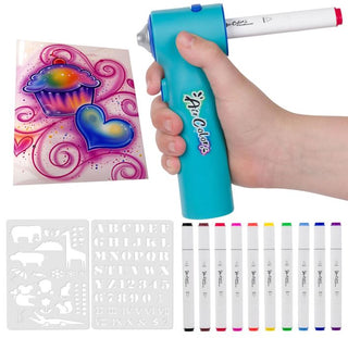 The Pencil Grip Inc Air Colors Airbrush Kit 
Turquoise art pen with colorful designs and markers on a white background