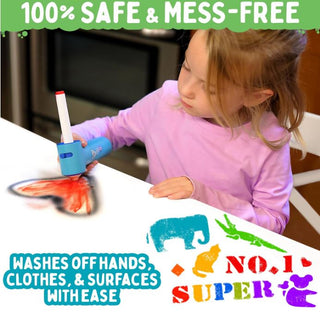 Air Color Air Brush Replacement Markers (Set of 10)
Child using a toy with colorful stamps on a table, text about safety and mess-free use.