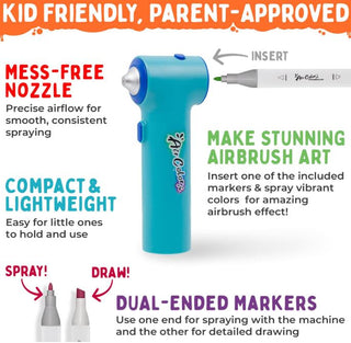 The Pencil Grip Inc Air Colors Airbrush Kit 
Blue airbrush tool with text highlighting features like 'mess-free nozzle' and 'compact & lightweight'.