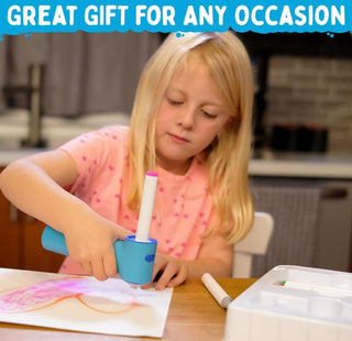 The Pencil Grip Inc Air Colors Airbrush Kit 
Young girl using a paint roller with text 'GREAT GIFT FOR ANY OCCASION' above her.