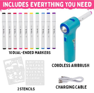 The Pencil Grip Inc Air Colors Airbrush Kit 
Cordless airbrush set with dual-ended markers, stencils, and charging cable on a white background.
