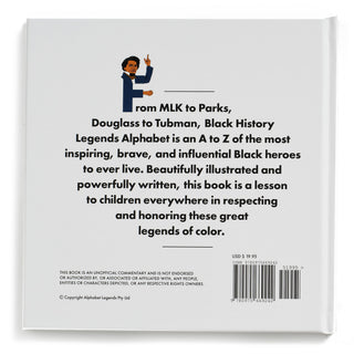 Black History Legends Alphabet Hardcover Book
Back cover of a book titled 'Black History Legends Alphabet' with text and a character illustration.