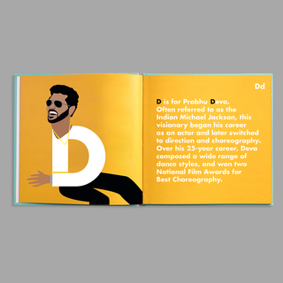 Dance Legends Alphabet Hardcover Book
Book open to a page with an illustration of a person and text on a yellow background
