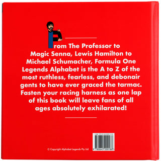 F1 Legends Alphabet Hardcover Book
Red book cover with text about Formula One legends and a small illustration of a person.