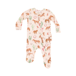 Angel Dear newborn pink footie with western horses pattern, 2-way ruffle back zipper for easy dressing and comfort.