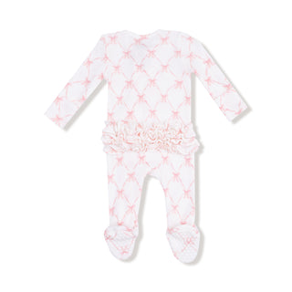 Angel Dear 2 Way Ruffle Zipper Footie - Ribbon Bow Trellis
Baby onesie with pink bow  pattern on a white background