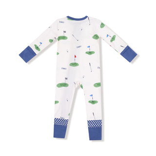 Angel Dear 2 Way Zipper Romper - All Fore Golf
Children's onesie with golf course pattern on a white background