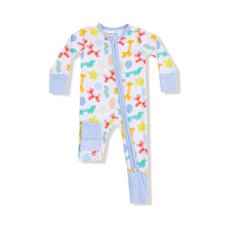 Angel Dear 2 Way Zipper Romper - Balloon Animals Blue
Colorful baby onesie with animal pattern on a white background