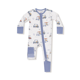 Angel Dear 2 Way Zipper Romper - Zooming Golf Carts
Baby onesie with car pattern and blue accents on a white background